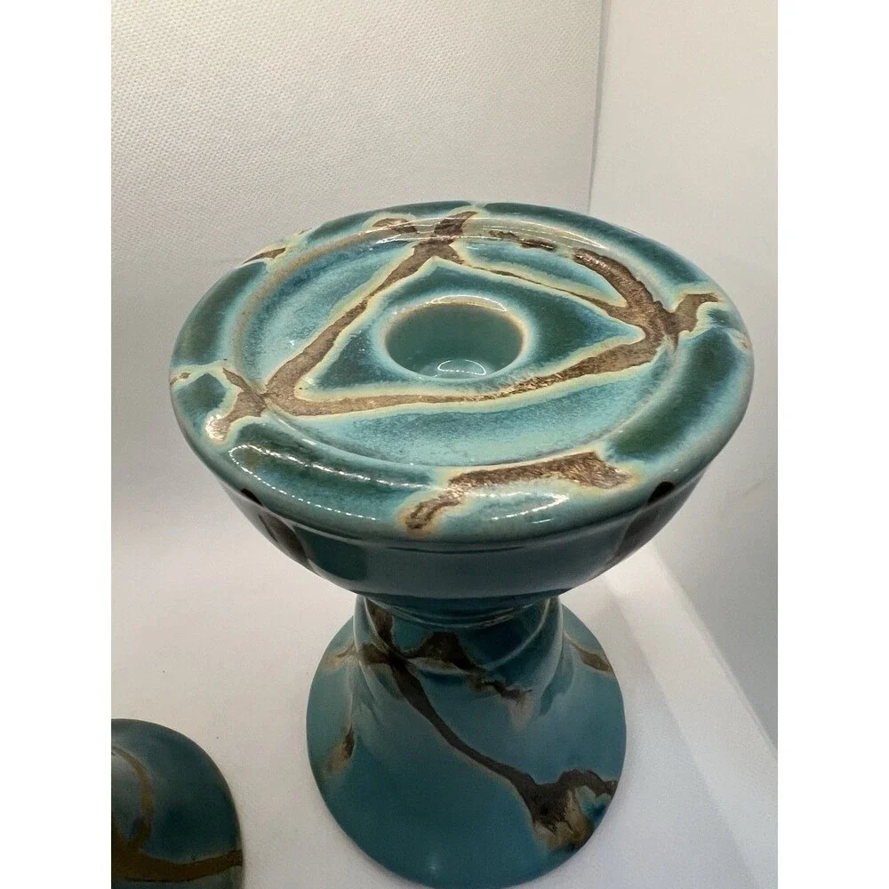 2 Raku Candle Holder Z Gallerie Pillar Taper Turquoise Blue teal brown 8